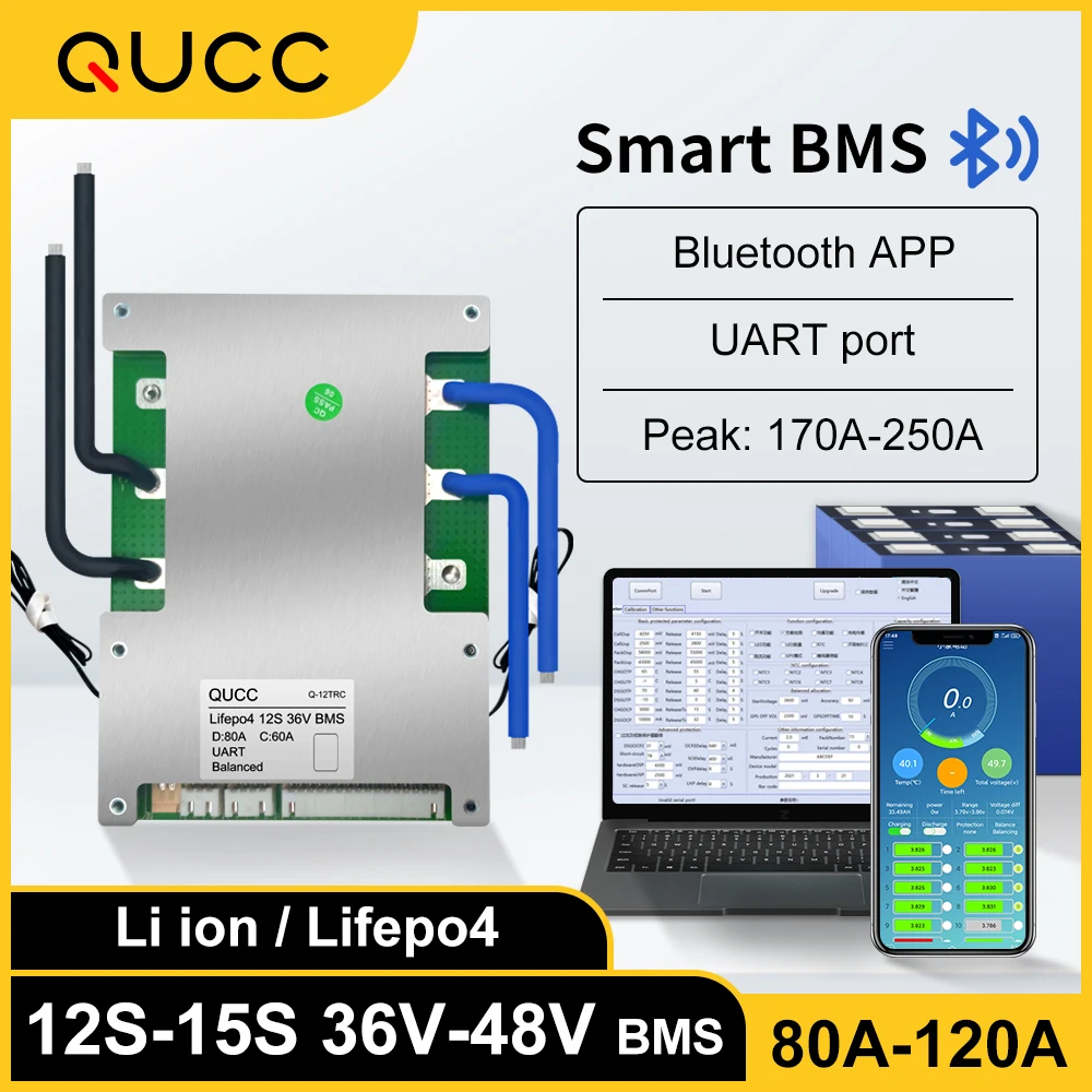Умный BMS Lifepo4 аккумулятор Qucc 13S 14S 15S 48 В 12S 36 80 А 100 120 Bluetooth управление через