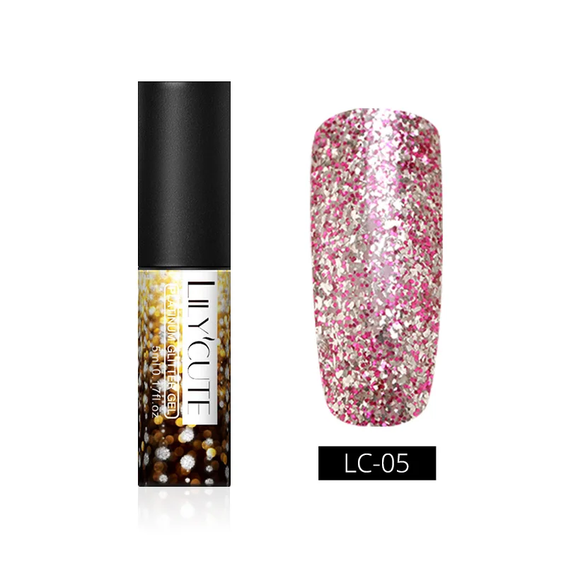 Gold LC-05 LILYCUTE косметика парфюмерия диспенсер 5 мл Платиновый Гель-лак со сверкающими блёстками розы цвета: золотистый, серебристый! полупостоянная био-Гели Soak Off УФ гель для ногтей лак для ногтей, гель - Цвет: Gold LC-05