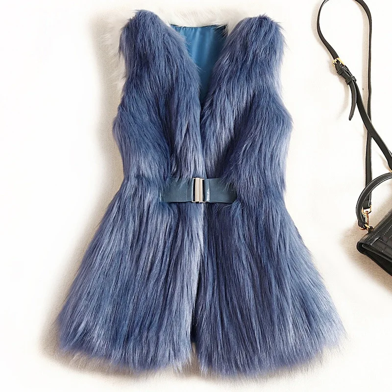 

Fashion Designer Women Vest 2019 High Quality New Faux Fur V-Neck Sleeveless Vest Thick Warm Fur High Street Women Winter Coat