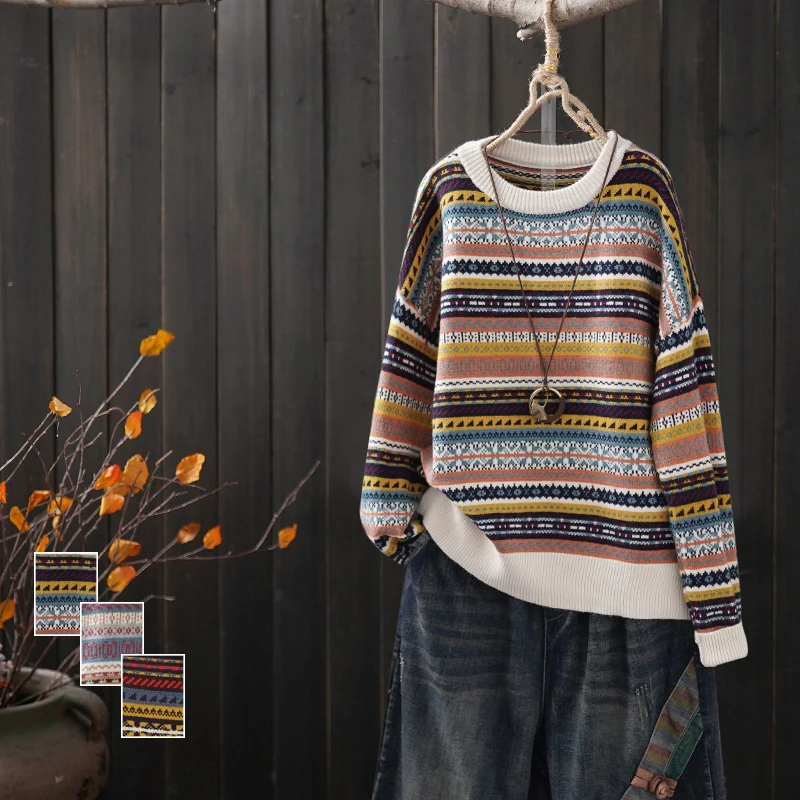 Stripped Women Sweater Spring Auttum Casual Loose Sueter Mujer Knitted O Neck Sweet Fashion Pullover for Ladies