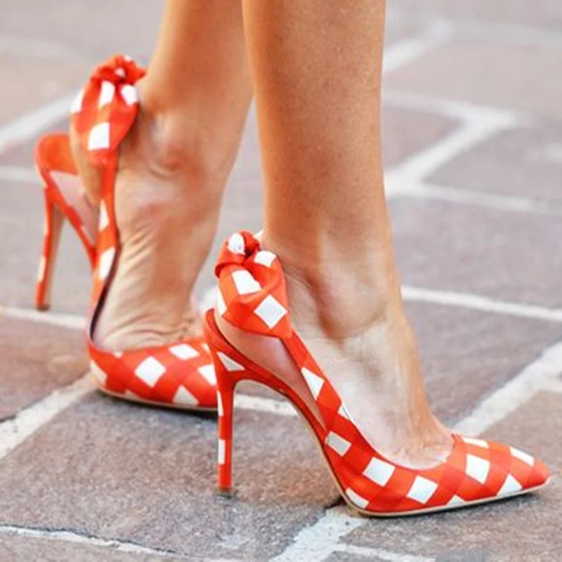 

Vintage Patatchwork Grid High Heels Pumps Pointed Toe Stiletto Heel Slingback Pumps Butterfly Knot Cut-out Dress Shoes