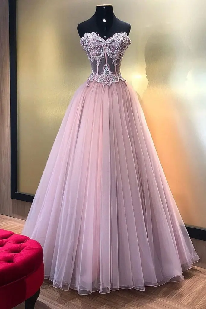 Light Pink Tulle Appliques Prom Dresses 