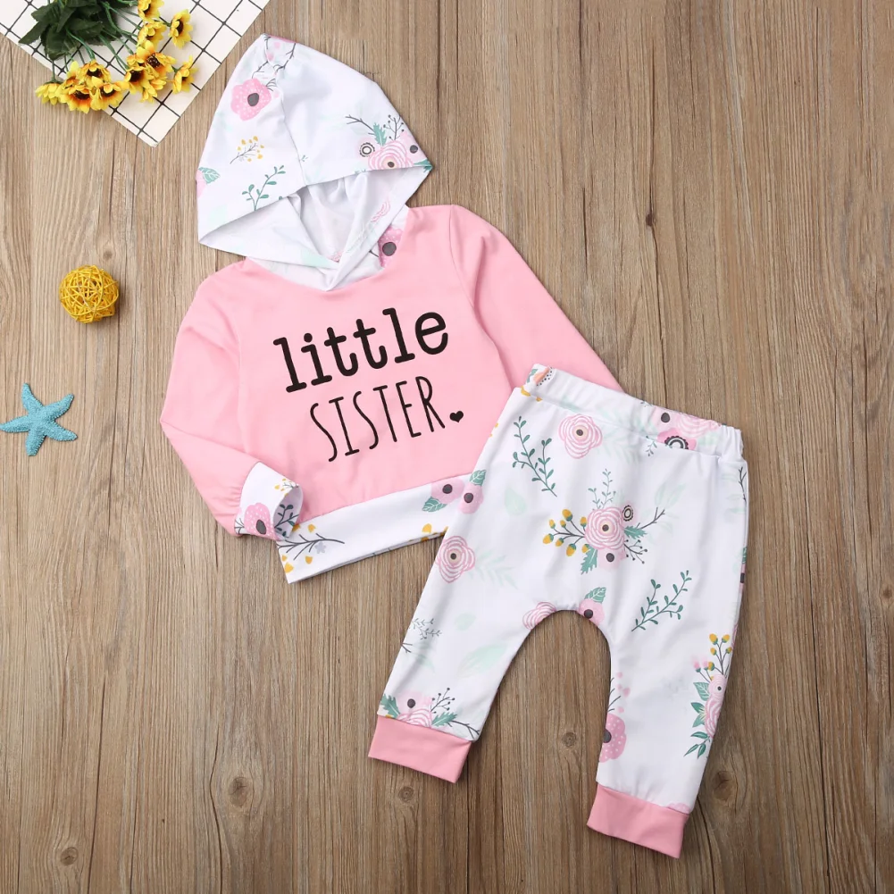 Little Sister/Детские Топы с капюшоном и длинными рукавами для маленьких девочек; длинные штаны с цветочным рисунком; комплект из 2 предметов; комплект осенней одежды; От 0 до 3 лет