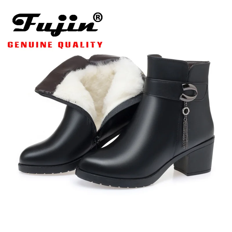 

Fujin Snow Boots Women Warm Wool Fur Warm Fashion Plush Fashion Genuine Leather Ankle Boots Platform for Women Winter Boots