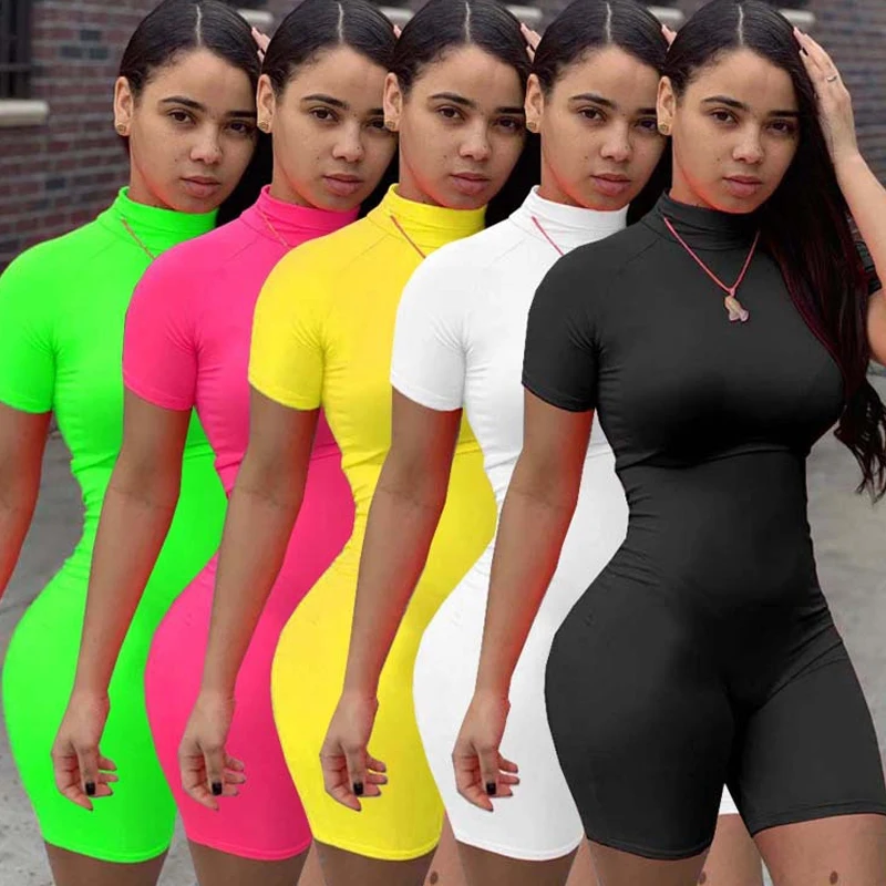Fitness Women Streetwear Neon Bodysuit Women Mock Neck Short Sleeve Casual Playsuit High Elastic Sexy Tight Sports Overalls 2020 Fitness Women Streetwear Neon Bodysuit Women Mock Neck Short Sleeve Casual Playsuit High Elastic Sexy Tight Sports Overalls 2020