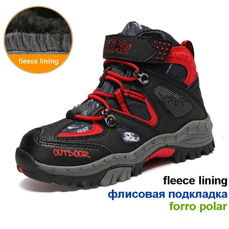 Детские зимние ботинки, теплые походные ботинки для мальчиков и девочек, детские треккинговые скалолазание, уличные спортивные кроссовки, противоскользящие, европейский размер 29-40 - Цвет: black red