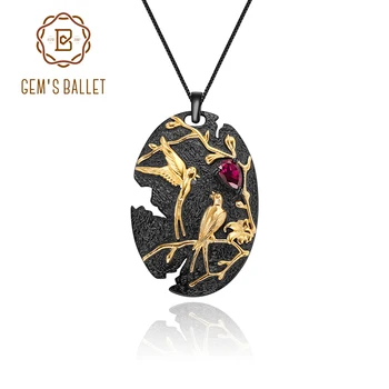 

GEM'S BALLET Natural Rhodolite Garnet Pendant Necklace For Women 925 Sterling Silver Handmade Golden Loving Bird Art Jewelry