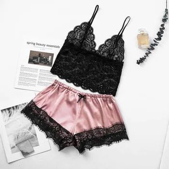 

нижнее белье corset waist trainer Women pink lace Satin Lace V-Neck Camisole Bowknot Shorts Set Sleepwear Pajamas Lingerie #ZB