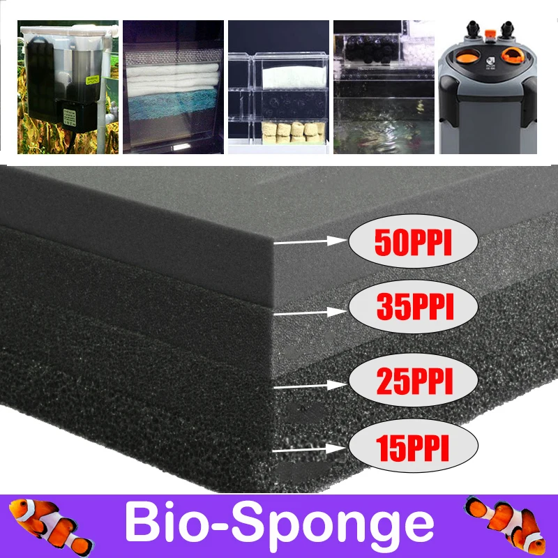Buen trato Filtro de algodón bioquímico para acuario práctico Filtro de esponja de espuma de estanque, tamaño múltiple, color negro, 15, 25, 35 y 50PPI DolGYalx0Ee