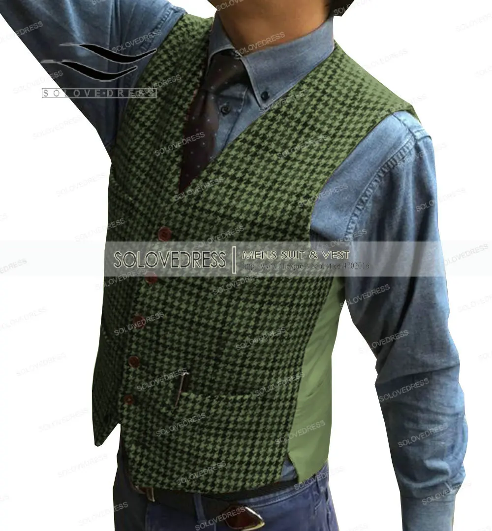Мужской костюм жилет нагрудный v-образный вырез Шерсть Хаундстут Повседневный официальный деловой жилет Groomman для свадьбы зеленый/черный/коричневый/серый