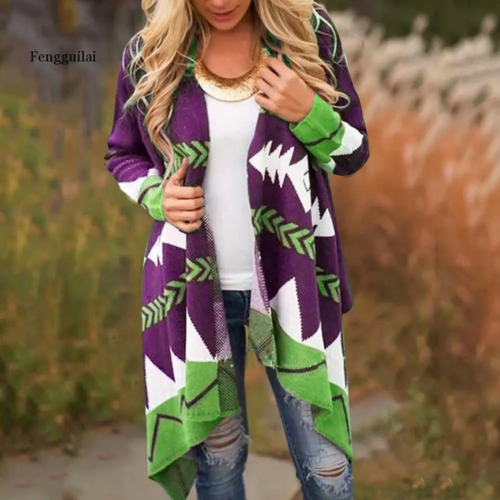 

New Fashion Women Autumn Winter Floral Print Long Sleeve Irregular Cardigan Midi Coat