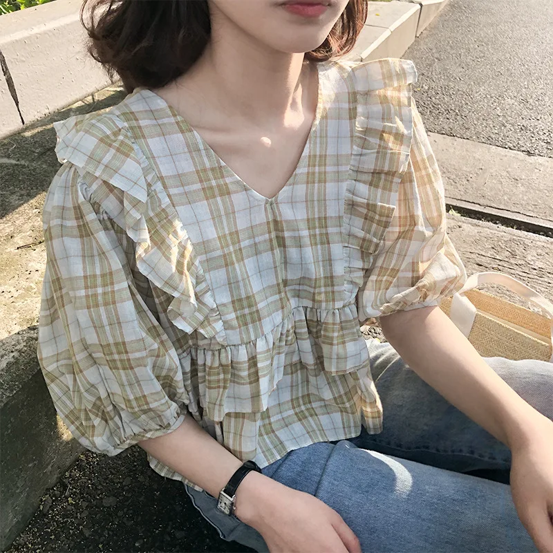 

HXJJP Women's Summer Shirts 2020 New Plaid V Neck Ruffled Shirt Sweet Bubble Short Sleeve Blouse and Tops