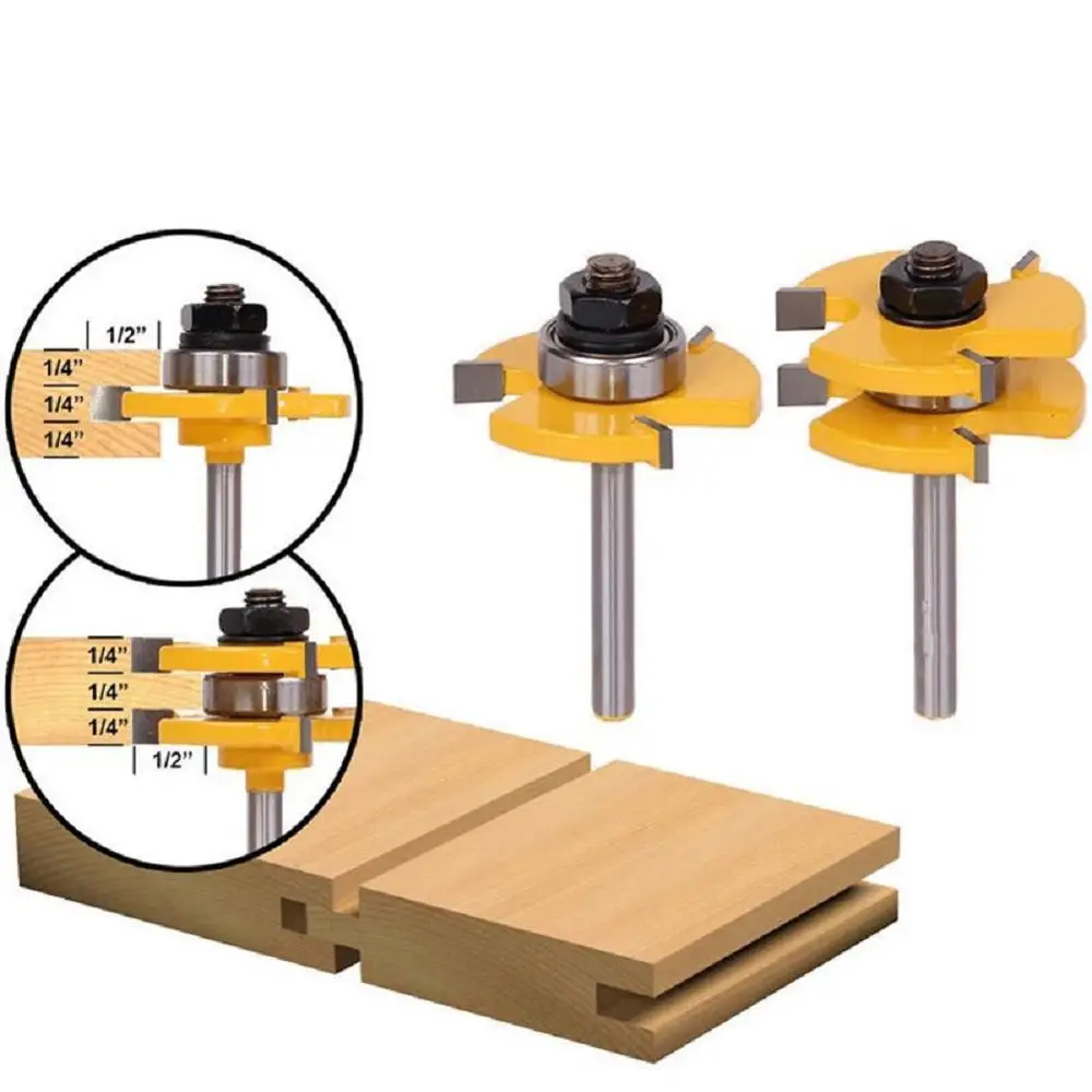

2Pcs 6.35mm Shank High quality Joint Assembly Router Bit Set1 / 4 Stock Wood Cutting Tool With Anti-Kickback Design Industrial