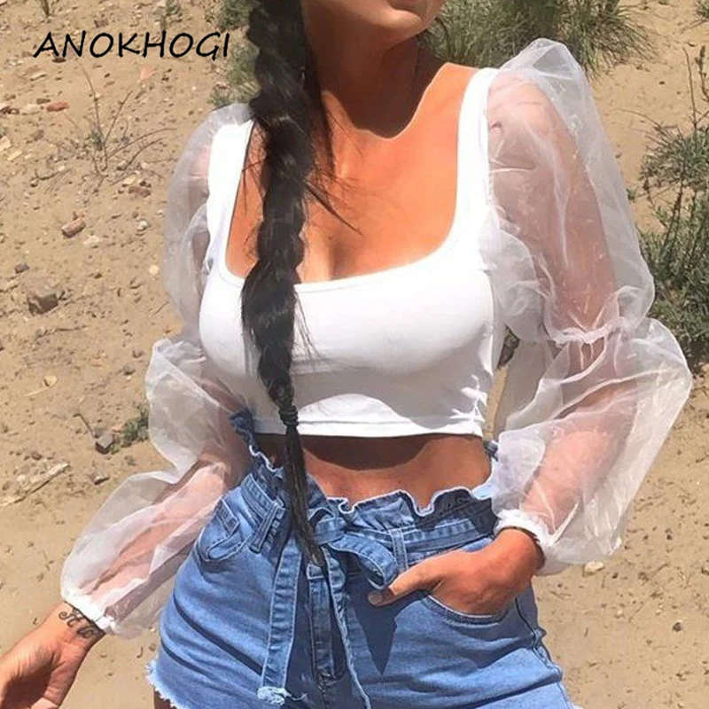 

Summer Mesh Full Sleeve Women Tank Solid Short Slim Party Ladies Sext Tank Tops Cropped Tees Camis T02