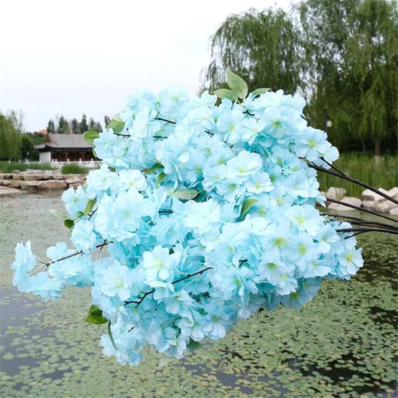 10pcs Silk Cherry Blossom Flower Tree Branches Artificial Sakura Flower Stem 6 colors for Wedding Tree Floral Decoration - Color: Blue