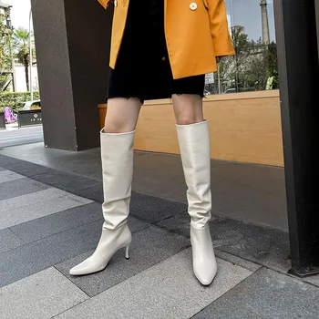 

Shoes Women Pointed Toe Stiletto Over-the-knee Boots 2020 New High-heeled High-tube White Wrinkle Boots Genuine Leather Slip-On