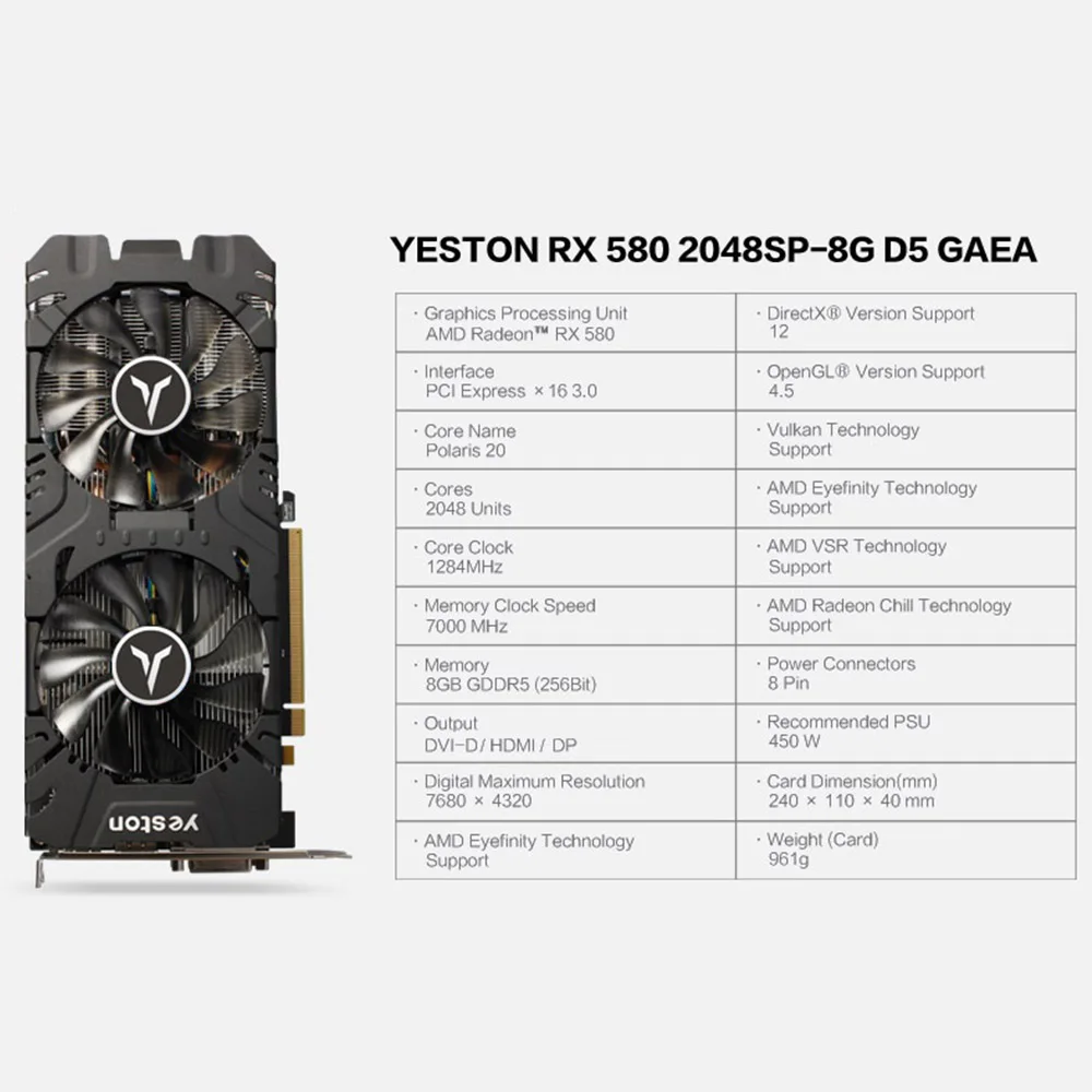 Видеокарты Yeston RX580 2048SP 8G D5 GAEA Radeon Chill Polaris 20 Dual Fan Cooling 8GB память GDDR5 256bit DP* 3/HD/DVI-D