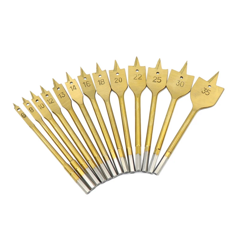 13pcs Hex Shank Titanium Coating Flat Spade Woodworking Wood Drill Bits Hole