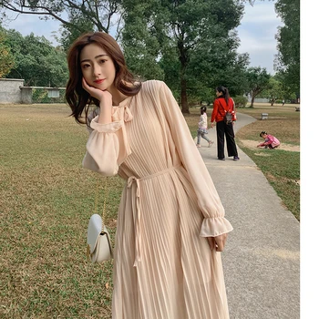 

YAMDI a-line 2020 vintage dresses party long sleeve elegant korean spring summer midi dress women woman bow solid apricot lace