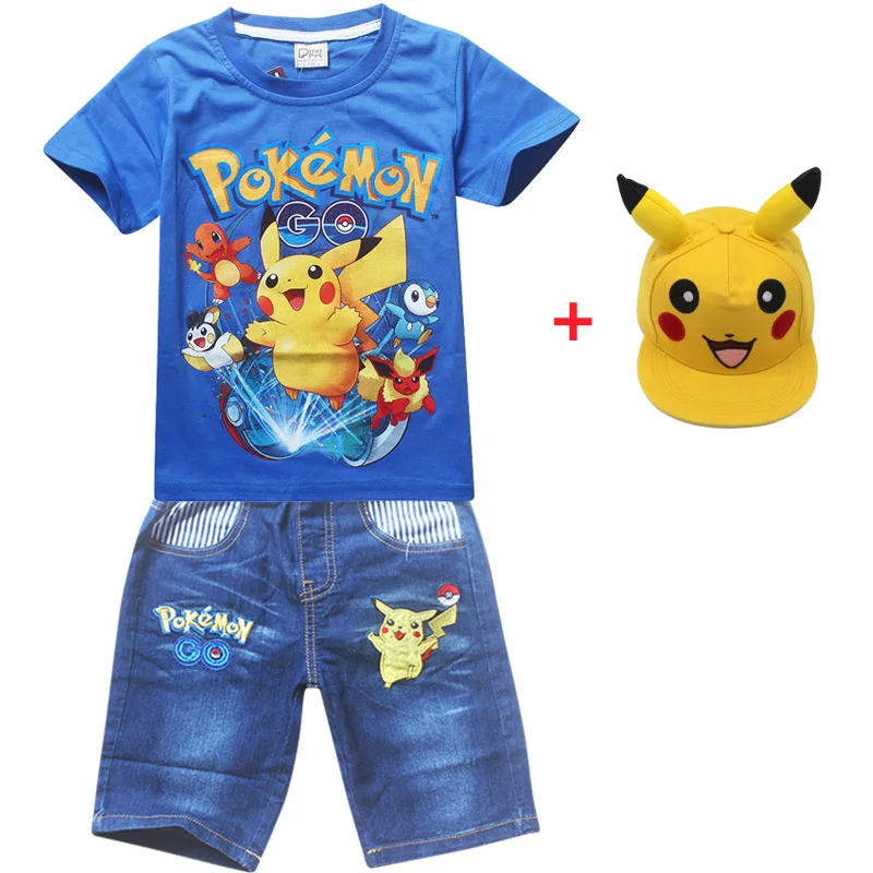 Anime Pokemon Go Costume T-shirt jeans Set for Boys Girls Accessories Baseball Cap Kids Pocket Monster Clothes Chid Shirts Suit | Детская