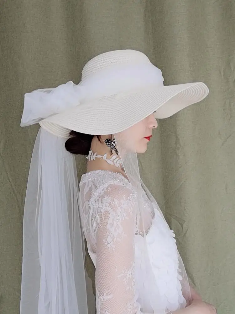 

Long Gauze Bow Sun Hat 15Cm Wide Brim Straw Summer Hat Handmade White Black Purple Mesh Bowknot Women Summer Brimed Sombrero Cap