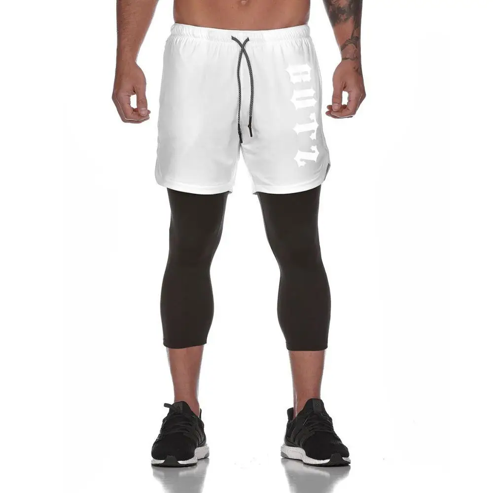 Новые поддельные 2 в 1 мужские укороченные штаны для тренажерного зала обтягивающие эластичные брюки быстросохнущие леггинсы мужские брюки