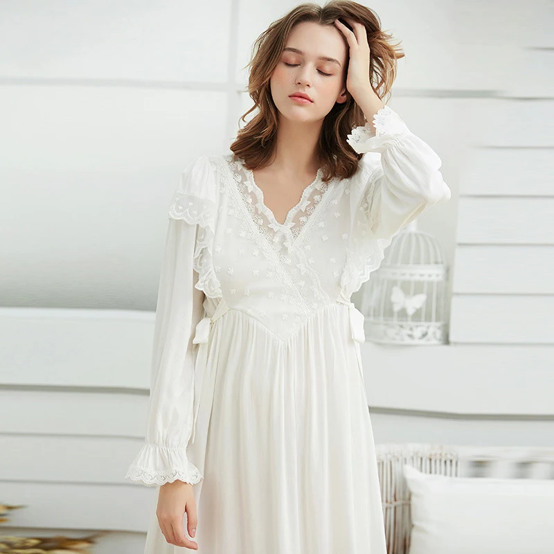 Женская ночная сорочка, винтажное кружевное хлопковое Ночное платье, женское элегантное белое платье для сна, ночная рубашка с длинными рукавами, розовая женская ночная рубашка