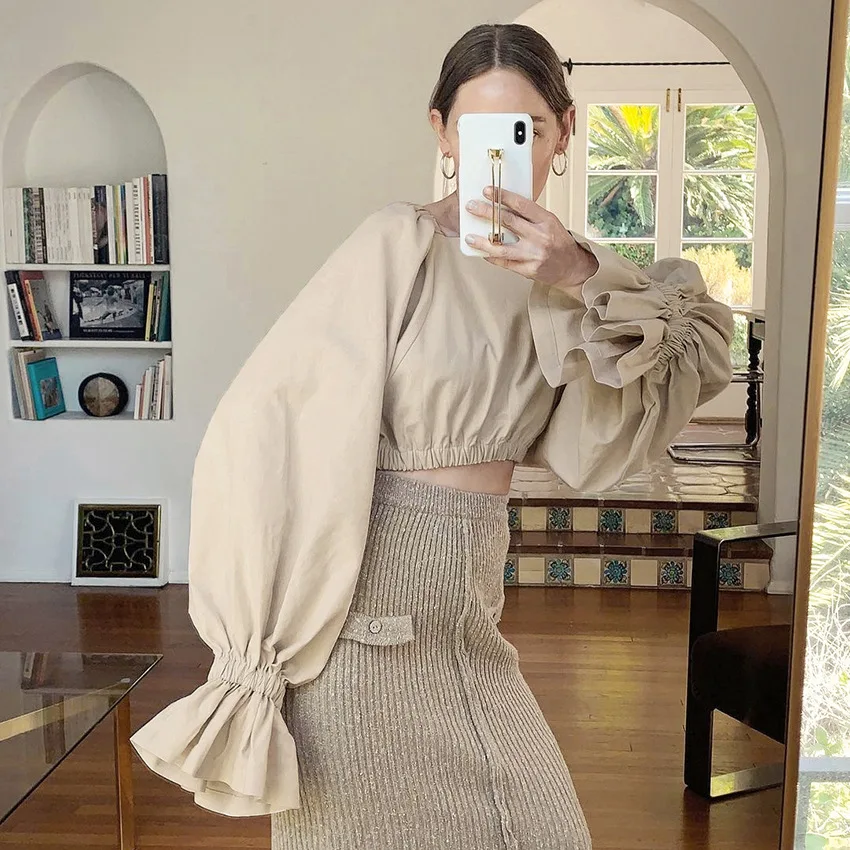 

Lady Big Lantern Sleeve Blouse Women Square Collar Shirts Office Work Blouse Solid Vintage Blouse Shirts Lotus Leaf Cute Playful