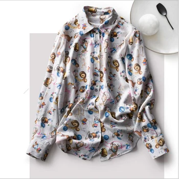 

100% Silk Women's Shirt Turn Down Collar Long Sleeves Cartoons Printed Elegant Casual Shirt Blouse