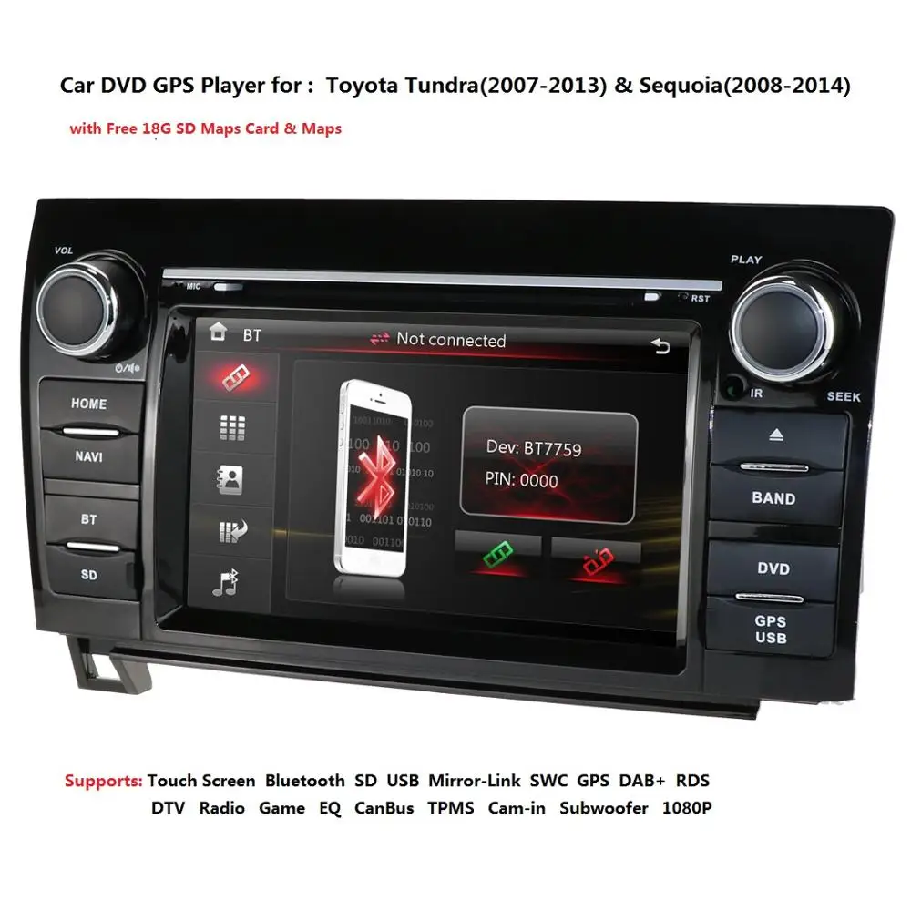 Excellent 2 din Touch Screen Car Radio Stereo for Toyota Tundra Sequoia 7 Inch 800*480 HD Radio RDS AM/FM 3G SWC IPOD CANBUS SD USB BT MAP 2
