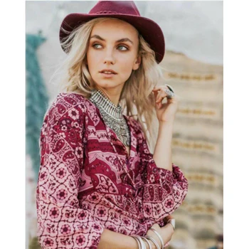 

Loose Floral Print Hippie Blouses Long Sleeve V Neck Vintage Shirt Fall Summer Beach Casual Boho Clothes Womens Tops and Blouses