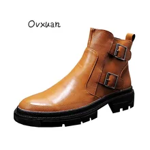 OVXUAN/Винтажные ботинки «Челси» с высоким берцем; мужские повседневные кожаные ботильоны с двойной пряжкой и ремешком; мужские кроссовки; ковбойская упряжка; ботинки