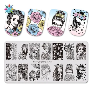 

BeautyBigBang Stamping Plate For Nails Art Beautiful Young Girl Flower Image Stamper Nail Template Nail Stamping Plates