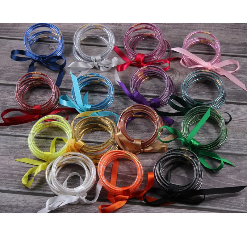 

7 PCS/Set Bowknot Christmas ribbon Gold Silver Glitter Bangles Set 2019 All Weather Stack Silicone Plastic Glitter Jelly Bangle