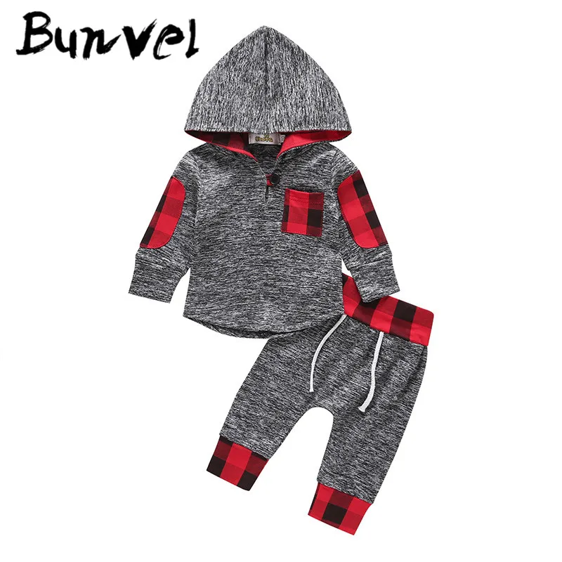 Серый Bunvel/комплекты осенней одежды для маленьких девочек толстовка с капюшоном+ штаны, осенне-зимний комплект одежды в клетку из 2 предметов для новорожденных девочек и мальчиков - Цвет: Серый