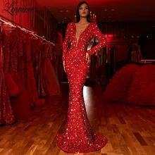 Deep V Neck Red Evening Dress Special Occasion Women Party Dresses Beads Prom Gowns 2020 Turkish Islamic Robe De Soiree