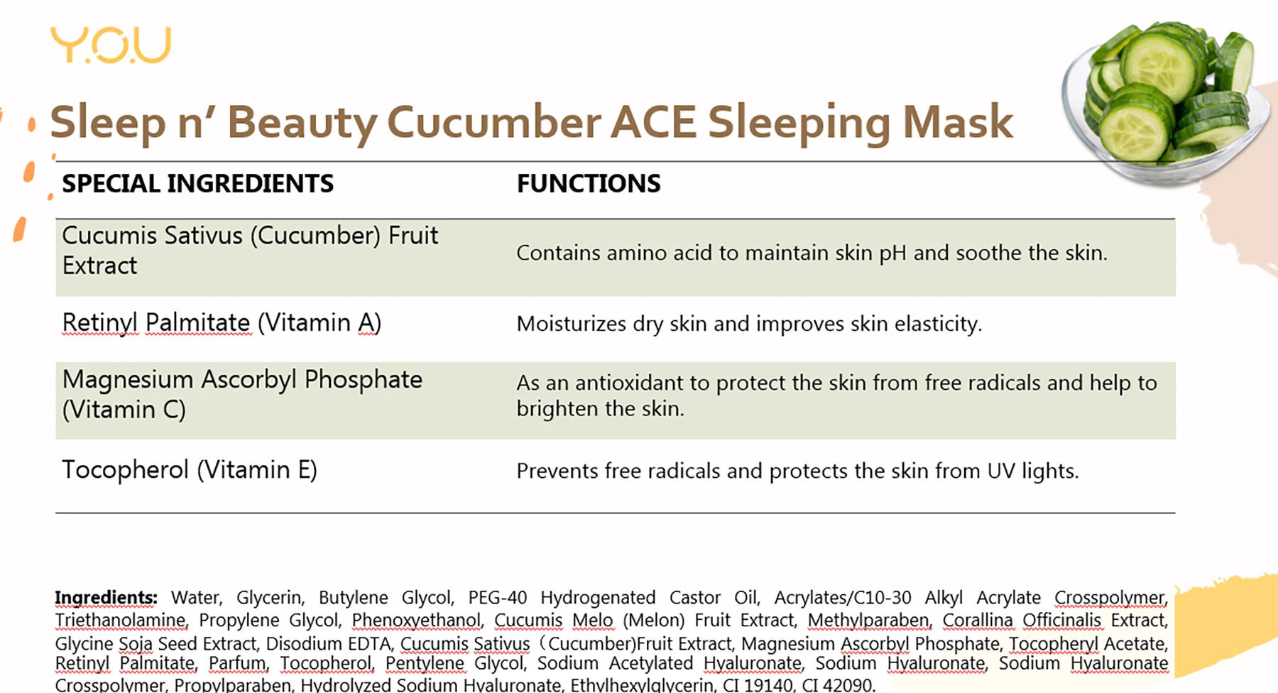 YOU Daily Skin Goods Sleep 'n Beauty Cucumber ACE Sleeping Mask Calming Skin Maintain Skin Hydration Overnight No Wash Face Mask