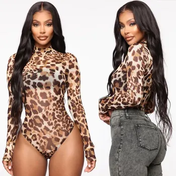 

2020 New Fashion Women Sexy Perspective Leopard-print Jumpsuit Turtleneck Romper Tops