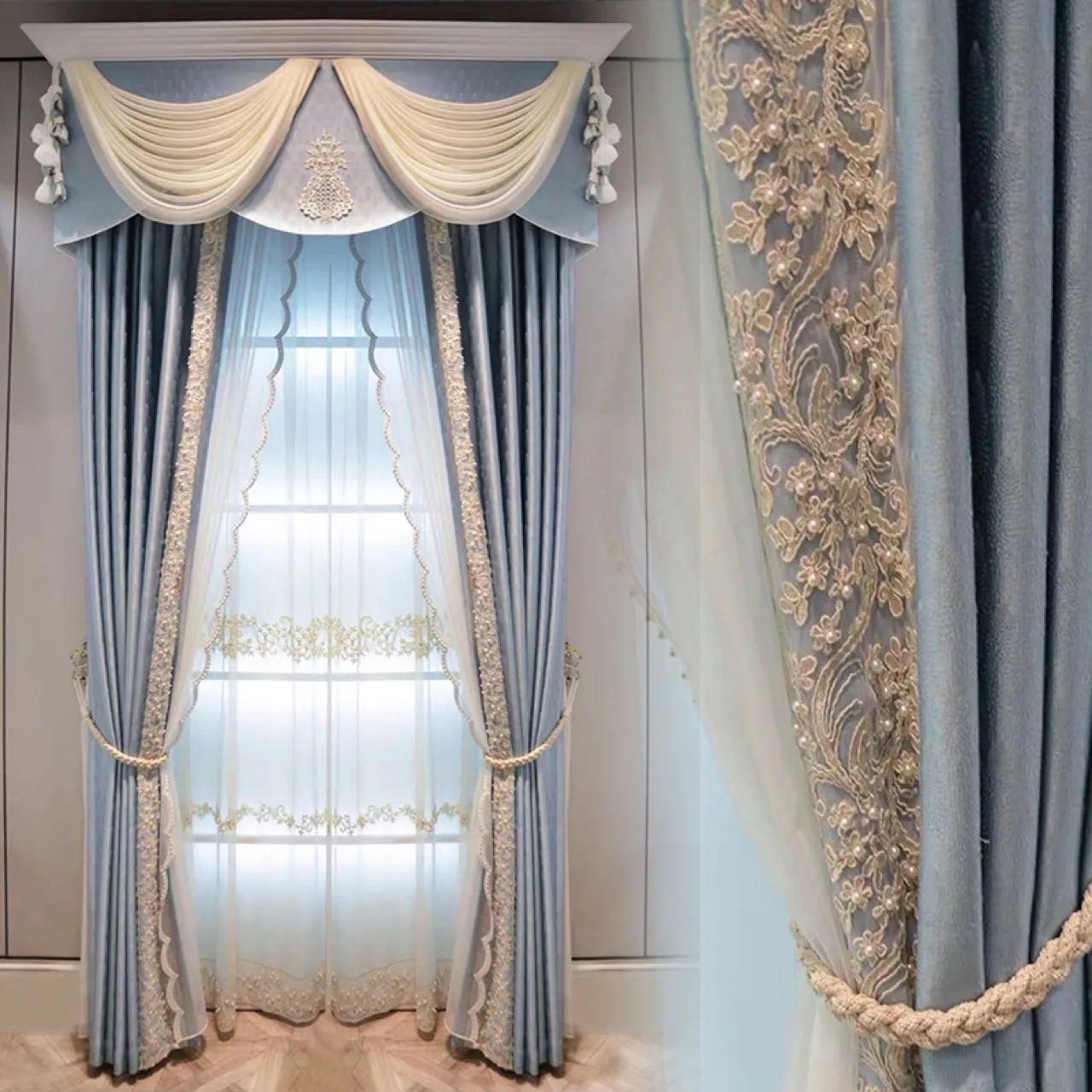 Free return High-quality Modern beautiful European Style Luxury Blue Blackout Curtains for  Living Room Bedroom customize
