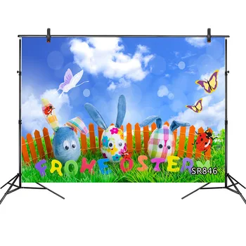 

Easter Rabbit Eggs Butterfly Fence Spring Landscape Photography Backgrounds Customized Photographic Backdrops For Photo Studio