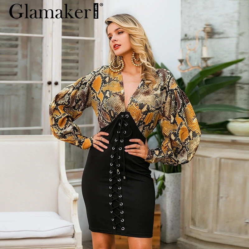 Glamake, винтажное Клубное сексуальное платье со змеиным принтом, глубокий v-образный вырез, на шнуровке, облегающее летнее платье, женское вечернее платье, шикарное, vestidos de fiesta