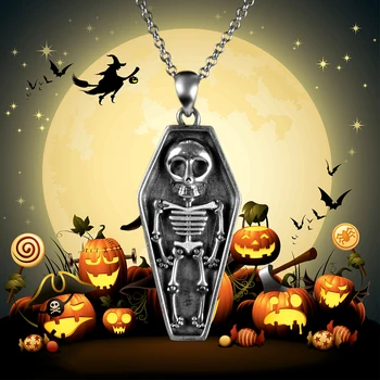 

Xiaojing 925 Sterling Silver Skull in the Coffin Pendent Skeleton Chain Necklace for Women Halloween Jewelry Gift Free Shipping