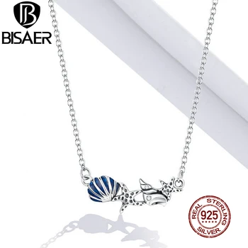 

BISAER Seashell Starfish Necklace 925 Sterling Silver 45cm Adjustable Blue Conch Chain Link For Women BEST GIFT Jewelry ECN407