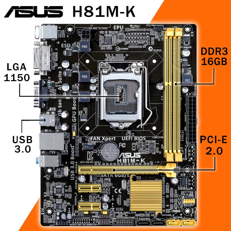 Lga 1150 Asus H81mk Motherboard Core I7/i5/i3 Ddr3 Pcie 2.0 Dvi Vga