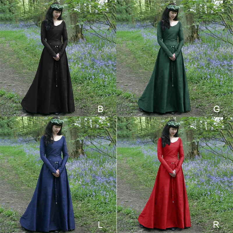 Классические средневековые европейские вечерние платья с длинными рукавами и круглым вырезом синего цвета 5XL