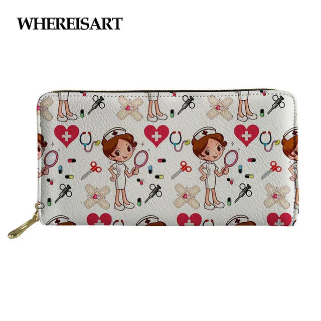 

WHEREISART Woman Long PU Leather Wallet Nurse Doctor Pattern Printing Purse Design Female Card Money Handbag Carteira Feminina
