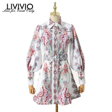 [LIVIVIO] винтажное мини-платье с цветочным принтом и длинным рукавом, женское платье с поясом и талией, осенняя одежда для женщин, модная