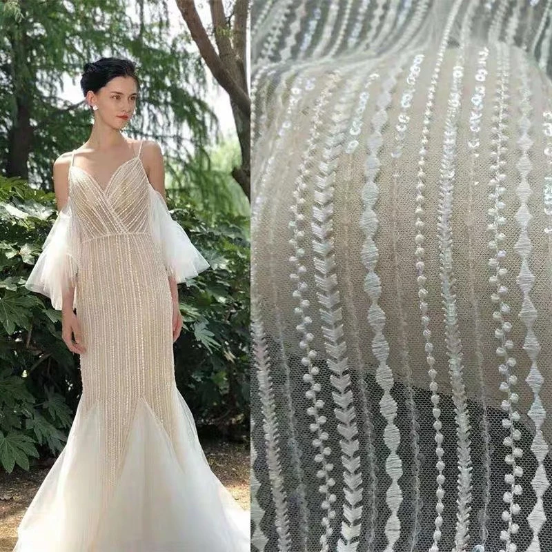 LFY стиль полоса вышивка блёстки off white Свадебные французский Тюль кружевная ткань 1 ярд