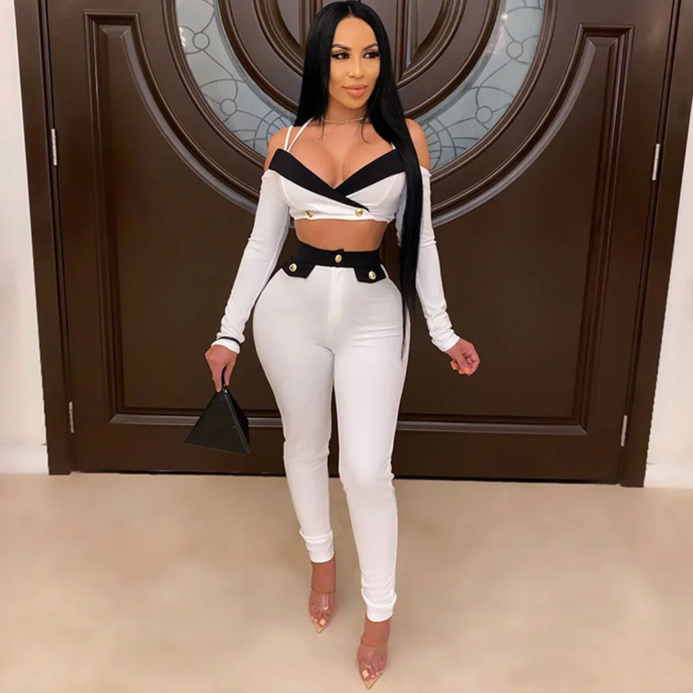 

Spaghetti Strap Sexy 2 Piece Sets Women Club Outfits Off Shoulder Long Sleeve Crop Top and Pants Elegant Party Matching Sets