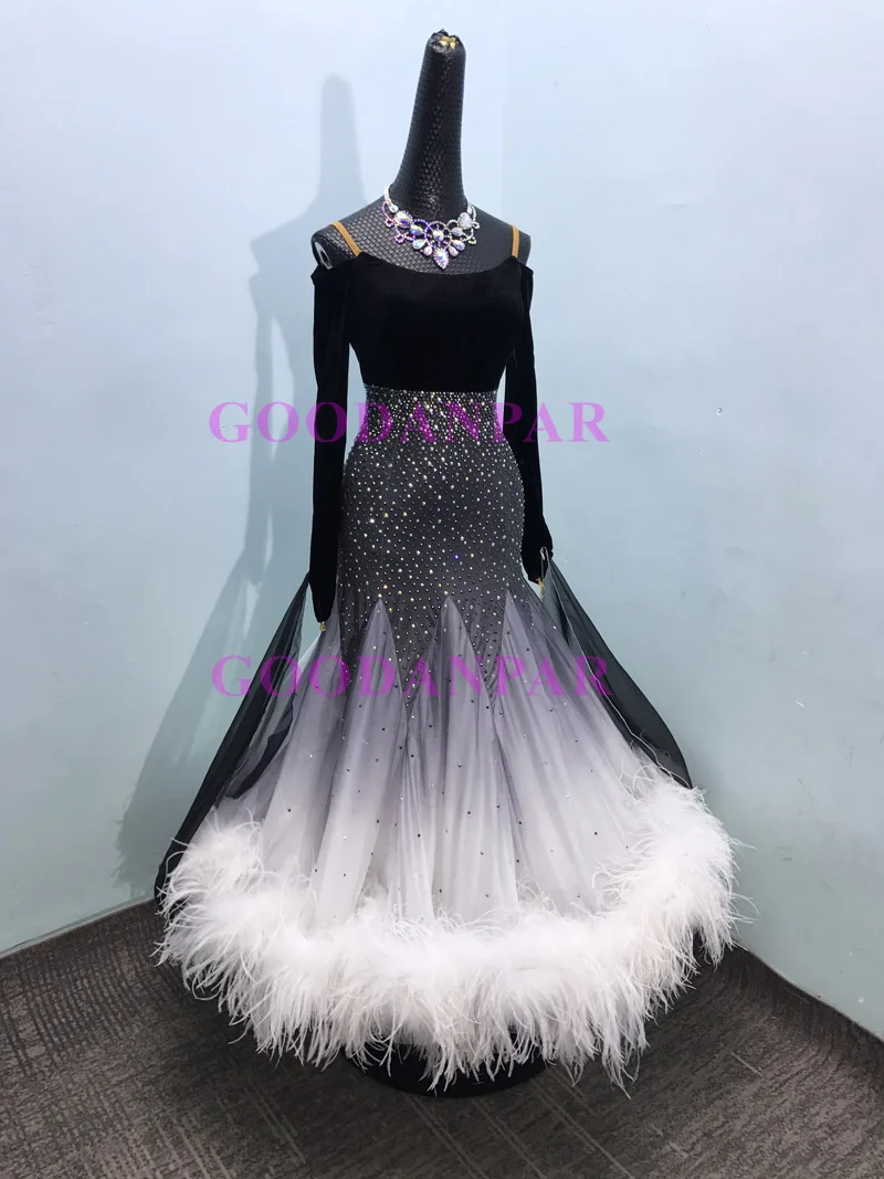 ballroom dance dress ballroom dance competition dresses gray gradient Modern Waltz Tango Dance Dress ostrich feather dress
